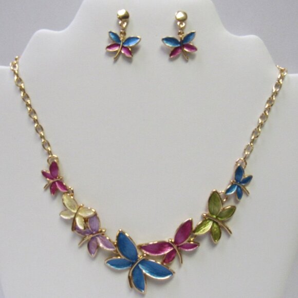 Gold Plated Multicolor Butterfly Dragonfly Necklace Earrings Jewelry Set - Picture 4 of 4